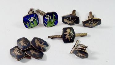 A box of silver cufflinks including a pair of Sinto enamel Iris cufflinks