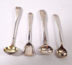 Four silver Georgian cruet spoons including William Eley 1778 and Hester Bateman 1783, 41g