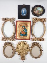 A group of small gilt frames icon, 19th century engraved miniature etc.