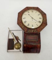 A 19th century mahogany octagonal drop dial wall clock with brass inlay, key and pendulum, 70 x 40cm