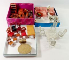 A box of various dolls house furniture including china bathroom set, wire work conservatory table