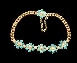 An Edwardian 18ct gold turquoise and pearl bracelet, with five flower head form clusters and clasp