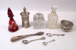 A cut glass and silver heart form trinket box, Chester 1898, two silver and glass scent bottles