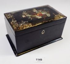 A Victorian lacquer and mother of pearl tea caddy with floral decoration, fitted two lidded