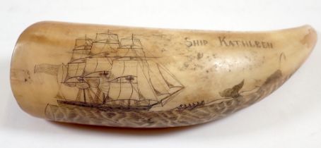 A whales tooth scrimshaw with whale and sailing ship decoration, 15.5cm