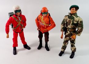 Three vintage Palitoy Action Man figures with flocked hair, Action Man Red Devil in jumpsuit with