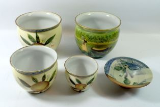 Four painted jardinieres and a studio pottery dish