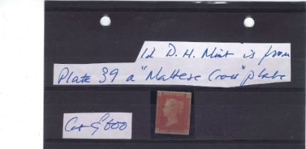 GB QV definitive mint imperforate 1d red stamp, DH, Plate 39, SG cat £600