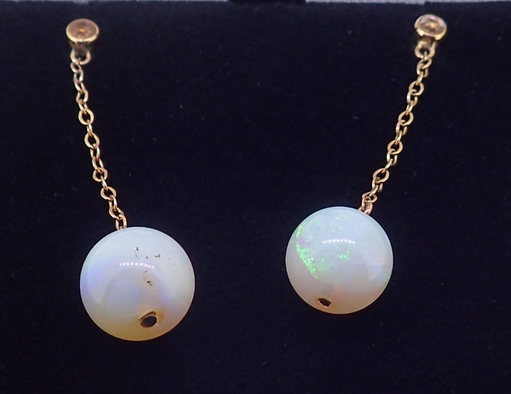 A pair of 18 carat gold and opal bead pendant earrings, 2.8cm drop - Image 2 of 2