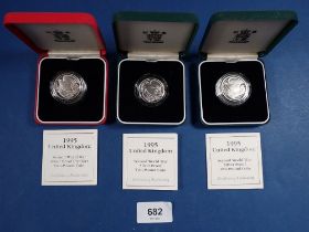Three Royal Mint silver proof two pound coins, one piedfort, two standard, 1995 Second World War,