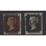 GB QV definitive used imperforate Penny Black stamps, JL and AL, with red and black maltese cross