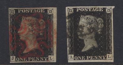 GB QV definitive used imperforate Penny Black stamps, JL and AL, with red and black maltese cross
