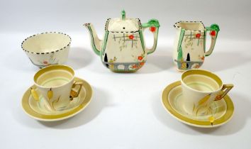 A pair of Burleigh Art Deco zenith shape Bullrush coffee cups and saucers and a three piece Burleigh