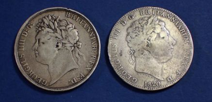 Two silver crowns, George III 1820 and George IV 1821, Cond: Good - Fine