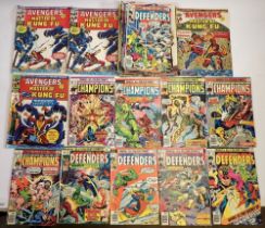 A box of 1970's Marvel comics to include The Super-Heroes x 3, The Avengers starring Shang-Chi x 11,