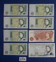 Eight Elizabeth II Bank of England banknotes including One Pound note x 6 DHF Somerset on 5 and JB