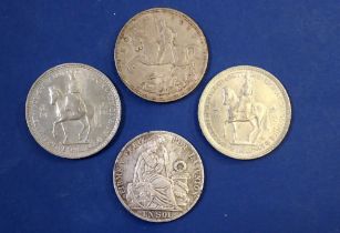 Two silver content coins, Peru Un Sol 1888 .900 silver 25g, a George V 1935 crown plus two Elizabeth