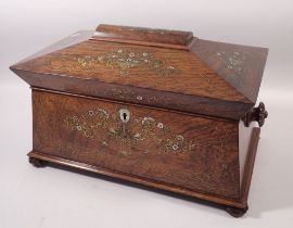 A 19th century fine rosewood sarcophagus form tea caddy with brass and mother of pearl inlay, fitted