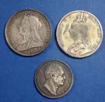 Wiliam IV silver half crown 1834 plus two Victoria silver crowns 1890 and 1896 total weight 69.63g