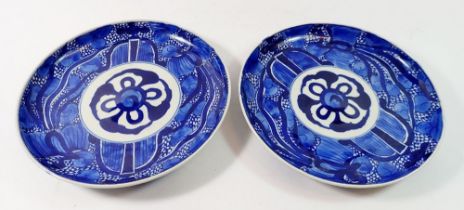 A pair of Japanese blue and white plates painted stylised aquatic decoration