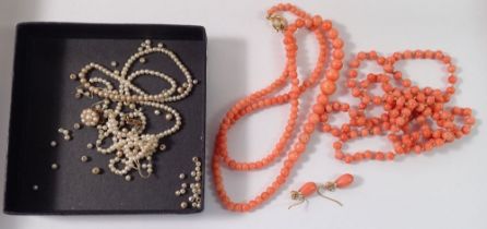 Two coral bead necklaces and a pair of earrings plus seed pearl necklace