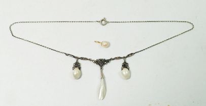 An Art Deco silver marcasite necklace set three freshwater pearl drops, plus a yellow metal and