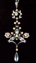 An Edwardian fine aquamarine, diamond and pearl set pendant necklace on chain, 6.5g, 6.5cm drop on