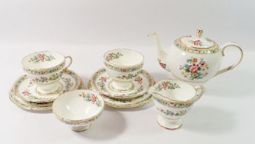 A Foley Ming Rose bachelor tea service comprising teapot, sugar, jug, two cups and saucers and two
