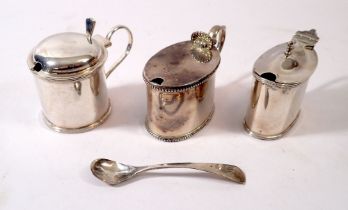 Three silver mustard pots, Liverpool 1886, Birmingham 1919 & 1911 including liners and one
