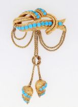 A Victorian gold large pendant brooch set turquoise, the entwined ribbon and bar with double chain