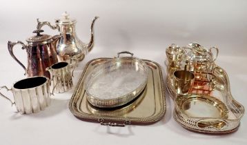 A box of silver plated items including coffee pot, three trays etc.