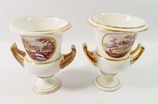 A pair of early 19th century urn form Derby vases by William Billingsley, painted landscapes on a