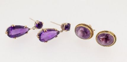 Two pairs of 9 carat gold amethyst earrings