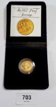 An Elizabeth II 1982 gold proof sovereign, leather case, Cond: Unc