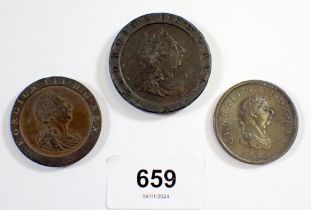 Three George III coins including 1797 cartwheel penny, 1797 cartwheel twopence and an 1806 penny,
