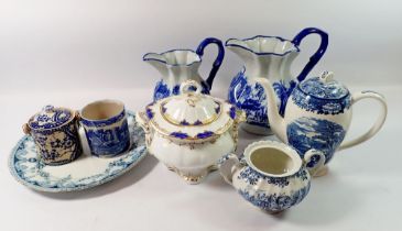 A Victorian blue and white porcelain covered sugar bowl and various blue and white china