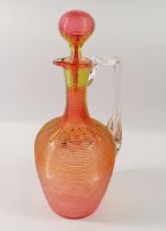 A Victorian cranberry and yellow ribbed glass claret decanter and stopper, 27cm tall