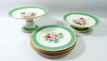 A Victorian green and floral painted dessert service comprising four plates and two comports