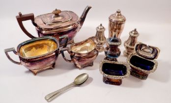 A box of silver plate including tea set, cruets etc.