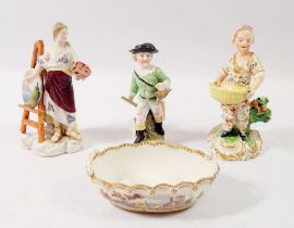 An 18th century Derby figure of a woman with basket, 12cm tall and two other porcelain figures