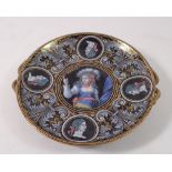 A Limoges style enamelled porcelain dish painted medieval style woman within portrait and acanthus