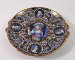A Limoges style enamelled porcelain dish painted medieval style woman within portrait and acanthus
