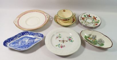 A Spode Italian dish, a set of four Staffordshire hunting scene plates, two Victorian plates painted
