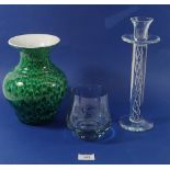 A glass tall air twist candlestick 30cm, a green glass vase and a Swedish orchid engraved vase
