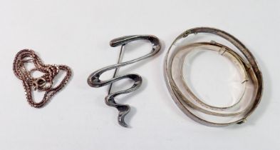 A silver brooch, silver chain and three silver christening bangles, 36g total