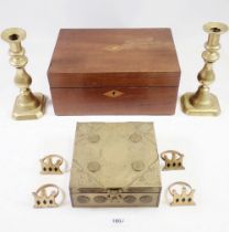 A Chinese brass box, pair of candlesticks, work box etc. 28 x 19 x 125cm