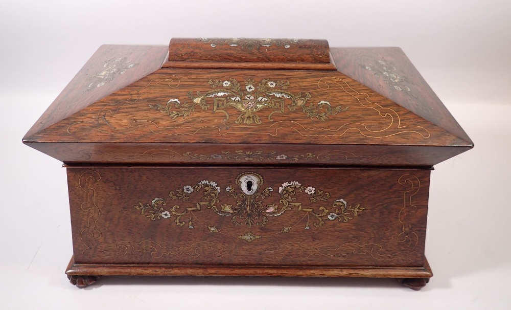 A 19th century fine rosewood sarcophagus form tea caddy with brass and mother of pearl inlay, fitted - Image 2 of 5