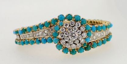 A fine quality turquoise and diamond set bracelet unmarked but thought to be 18 carat gold, the