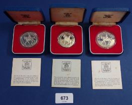 Three Royal Mint silver proof crowns 1977 Silver Jubilee, all cased, each coin 28.276g, Cond: Unc