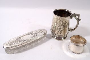A silver and cut glass dressing table box, a silver napkin ring and a Victorian silver plated
